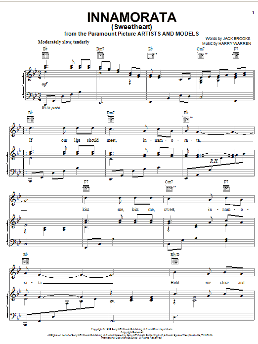 Preview Harry Warren Innamorata (Sweetheart) Pop sheet music, notes and chords for Piano, Vocal & Guitar (Right-Hand Melody), SKU: 16621 sheet music, piano notes, chords, guitar tabs, score, transpose, transcribe, how to play, guide, download, learn, tutorial, progression, song, artist, awards, billboard, mtv, vh1, tour, single, album, release