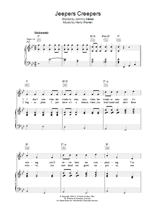 Preview Harry Warren Jeepers Creepers Pop sheet music, notes and chords for Piano, Vocal & Guitar (Right-Hand Melody), SKU: 36264 Download Harry Warren Jeepers Creepers sheet music and printable PDF score & Pop music notes