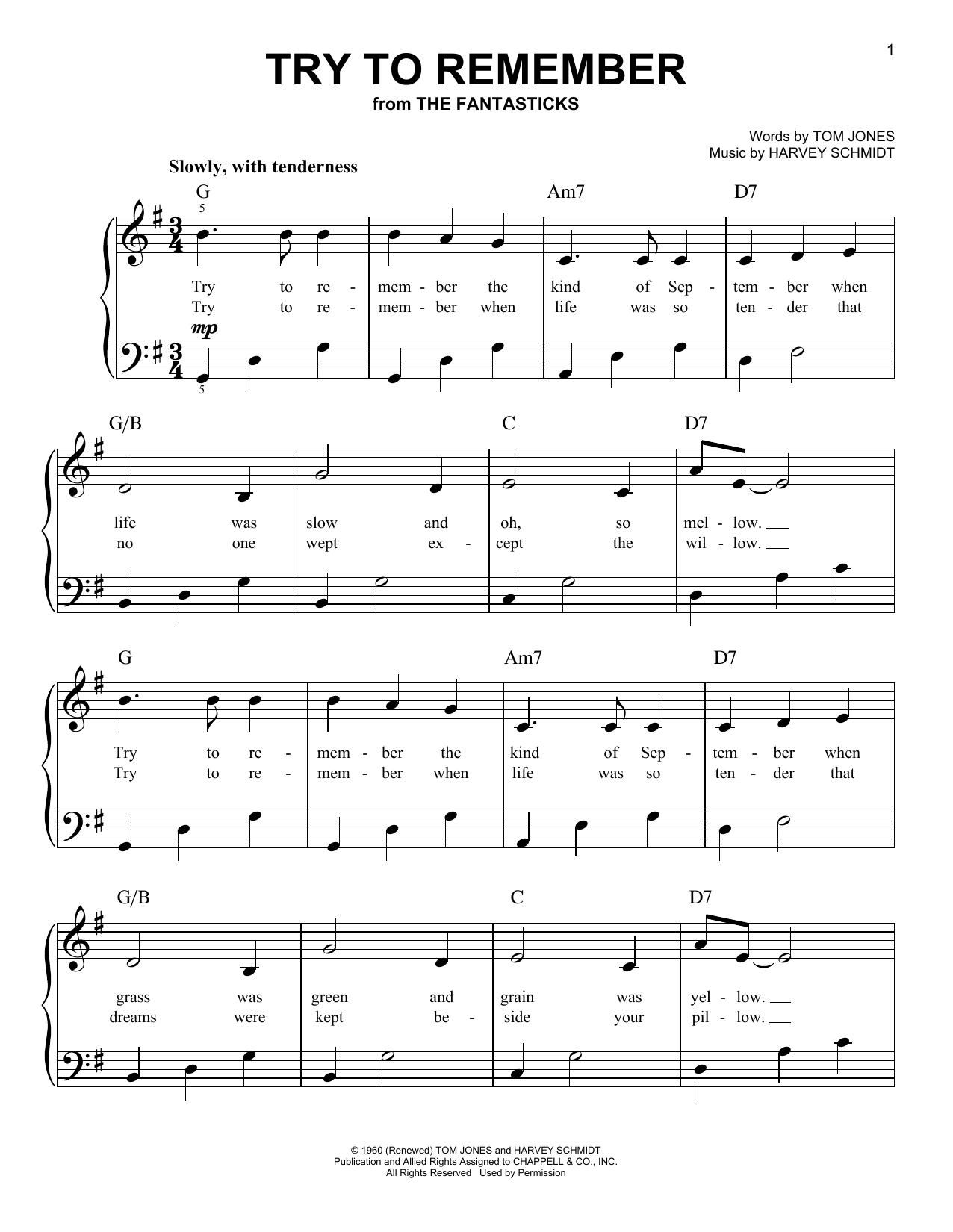 Preview Harvey Schmidt Try To Remember Folk sheet music, notes and chords for Easy Piano, SKU: 50724 sheet music, piano notes, chords, guitar tabs, score, transpose, transcribe, how to play, guide, download, learn, tutorial, progression, song, artist, awards, billboard, mtv, vh1, tour, single, album, release