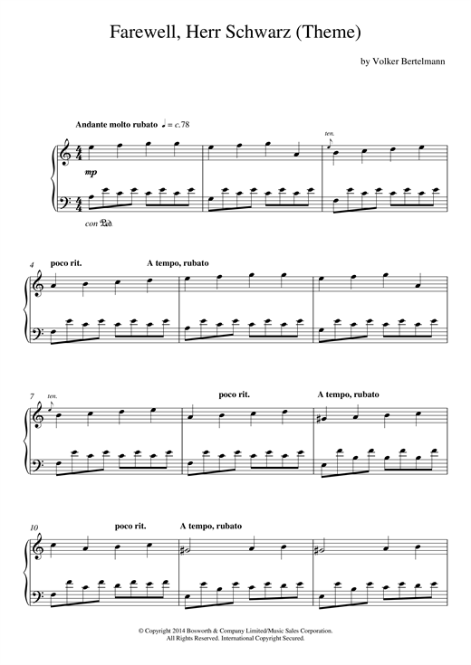 Preview Hauschka Farewell, Herr Schwarz (Theme) Classical sheet music, notes and chords for Piano, SKU: 121159 sheet music, piano notes, chords, guitar tabs, score, transpose, transcribe, how to play, guide, download, learn, tutorial, progression, song, artist, awards, billboard, mtv, vh1, tour, single, album, release