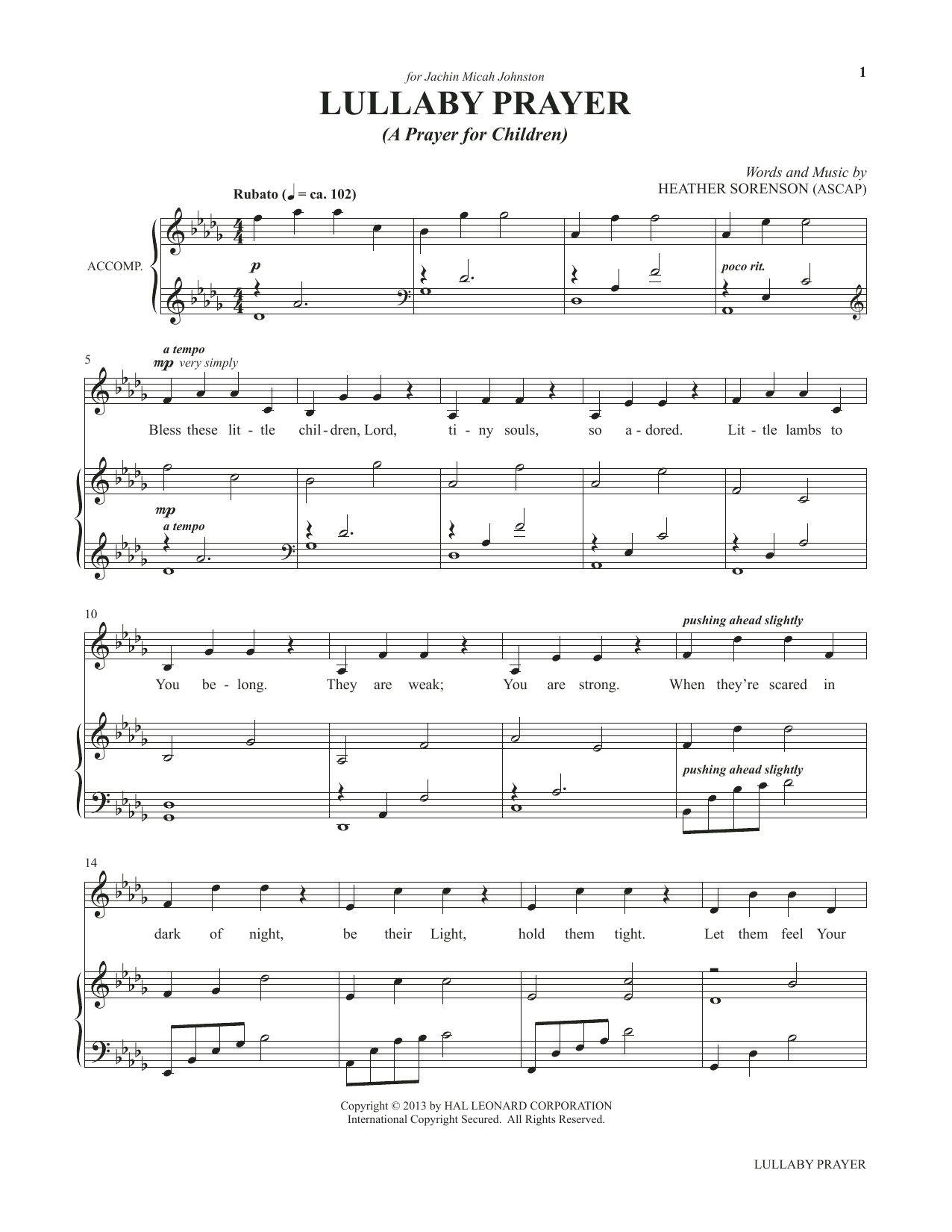 Heather Sorenson Lullaby Prayer (A Prayer For Children) (from My Alleluia: Vocal Solos for Worship) Sheet Music & Chords for Piano & Vocal - Download or Print PDF