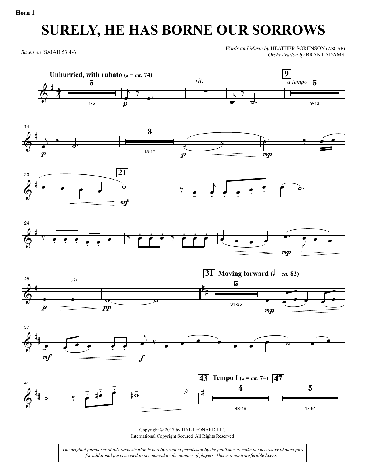 Heather Sorenson Surely, He Has Borne Our Sorrows - F Horn 1 Sheet Music & Chords for Choir Instrumental Pak - Download or Print PDF