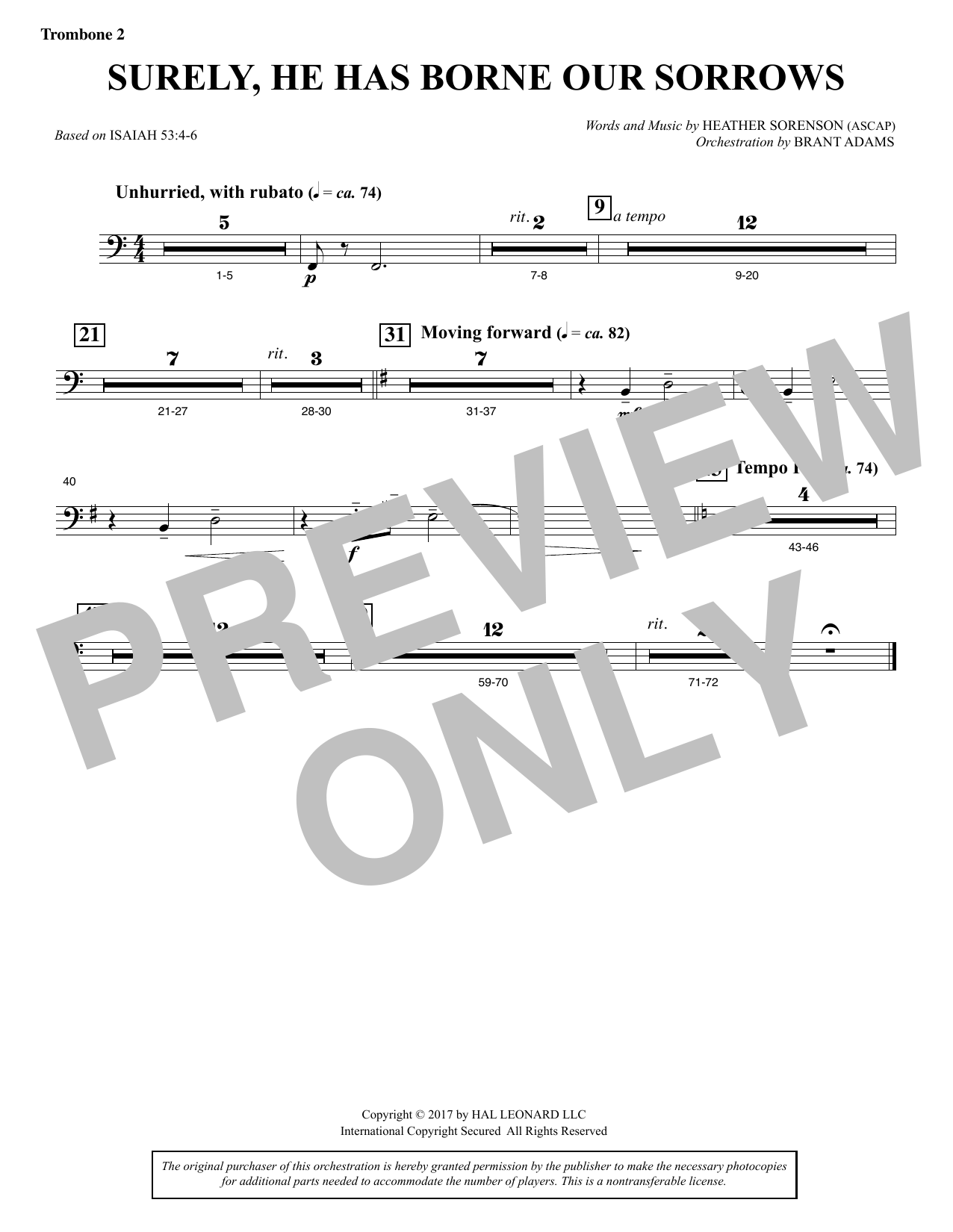 Heather Sorenson Surely, He Has Borne Our Sorrows - Trombone 2 Sheet Music & Chords for Choir Instrumental Pak - Download or Print PDF