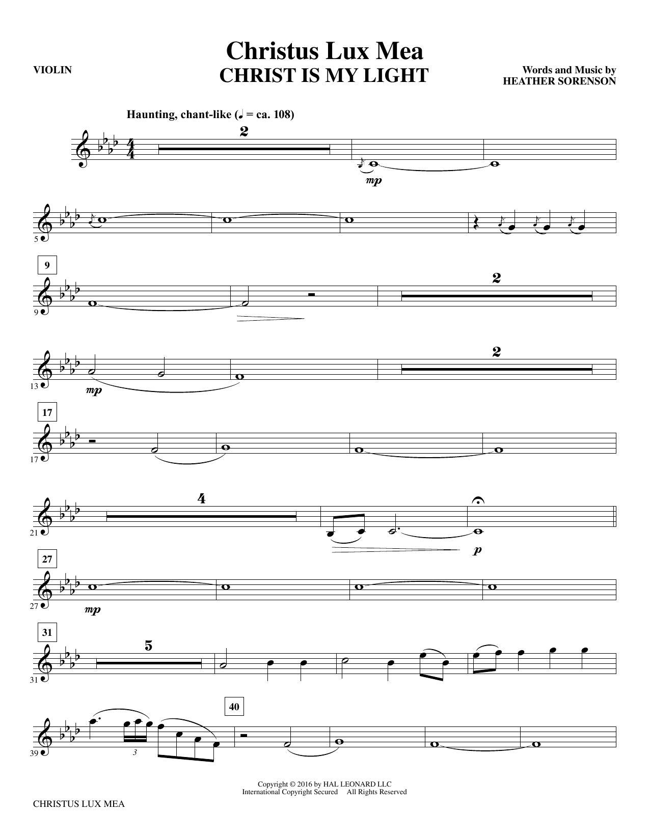 Preview Heather Sorenson Christus Lux Mea - Violin Sacred sheet music, notes and chords for Choir Instrumental Pak, SKU: 361809 Download Heather Sorenson Christus Lux Mea - Violin sheet music and printable PDF score & Sacred music notes