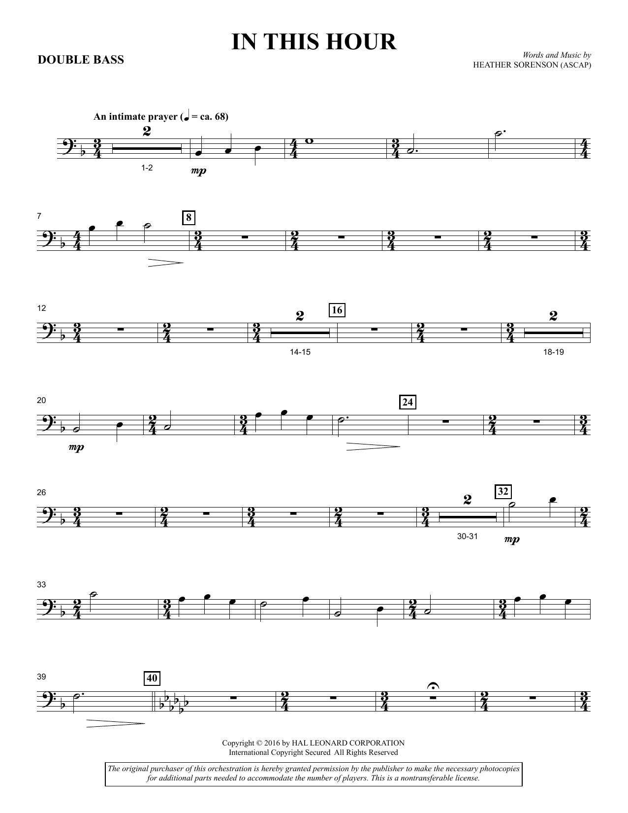 Download Heather Sorenson In This Hour - Double Bass sheet music and printable PDF score & Sacred music notes