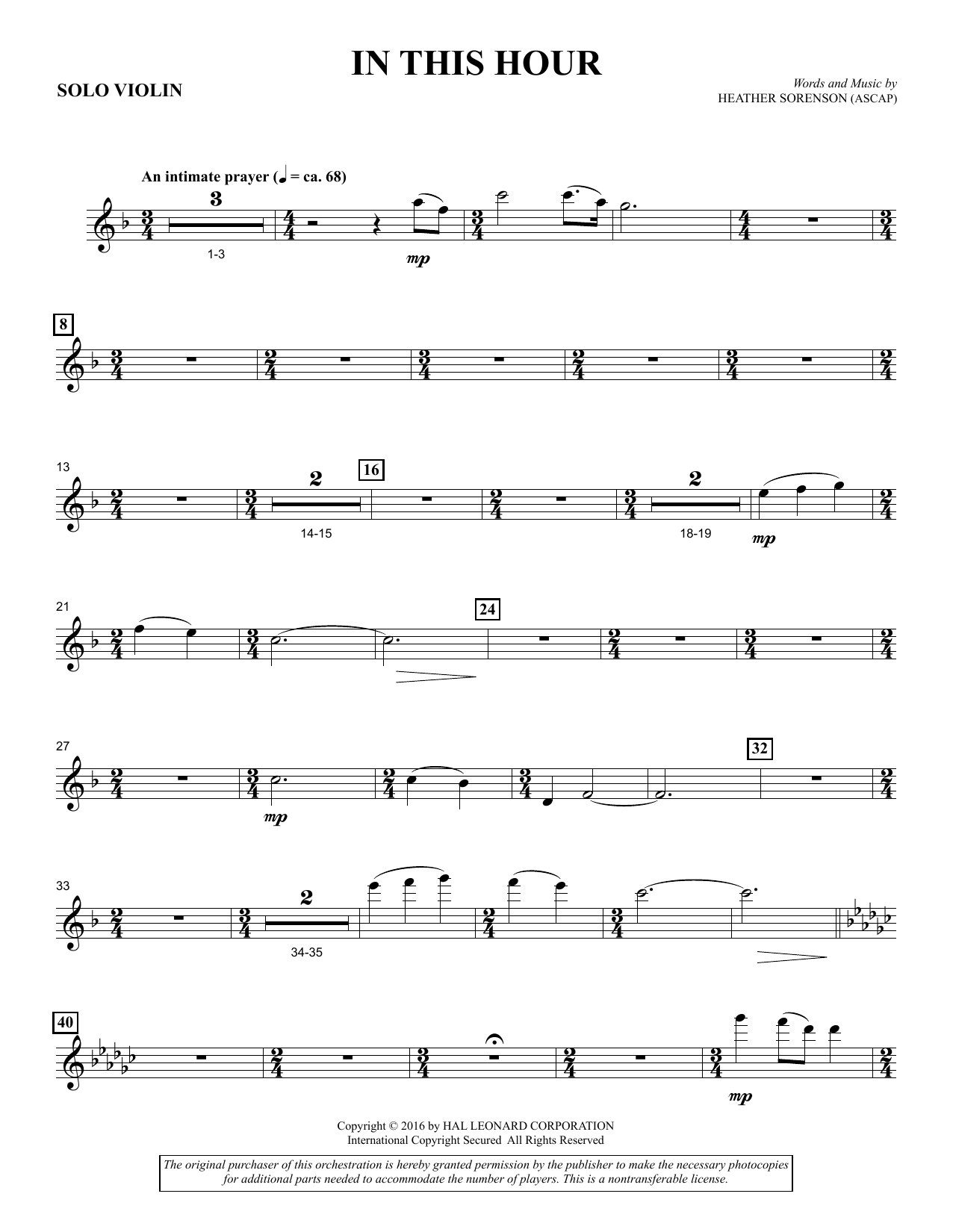 Download Heather Sorenson In This Hour - Solo Violin sheet music and printable PDF score & Sacred music notes