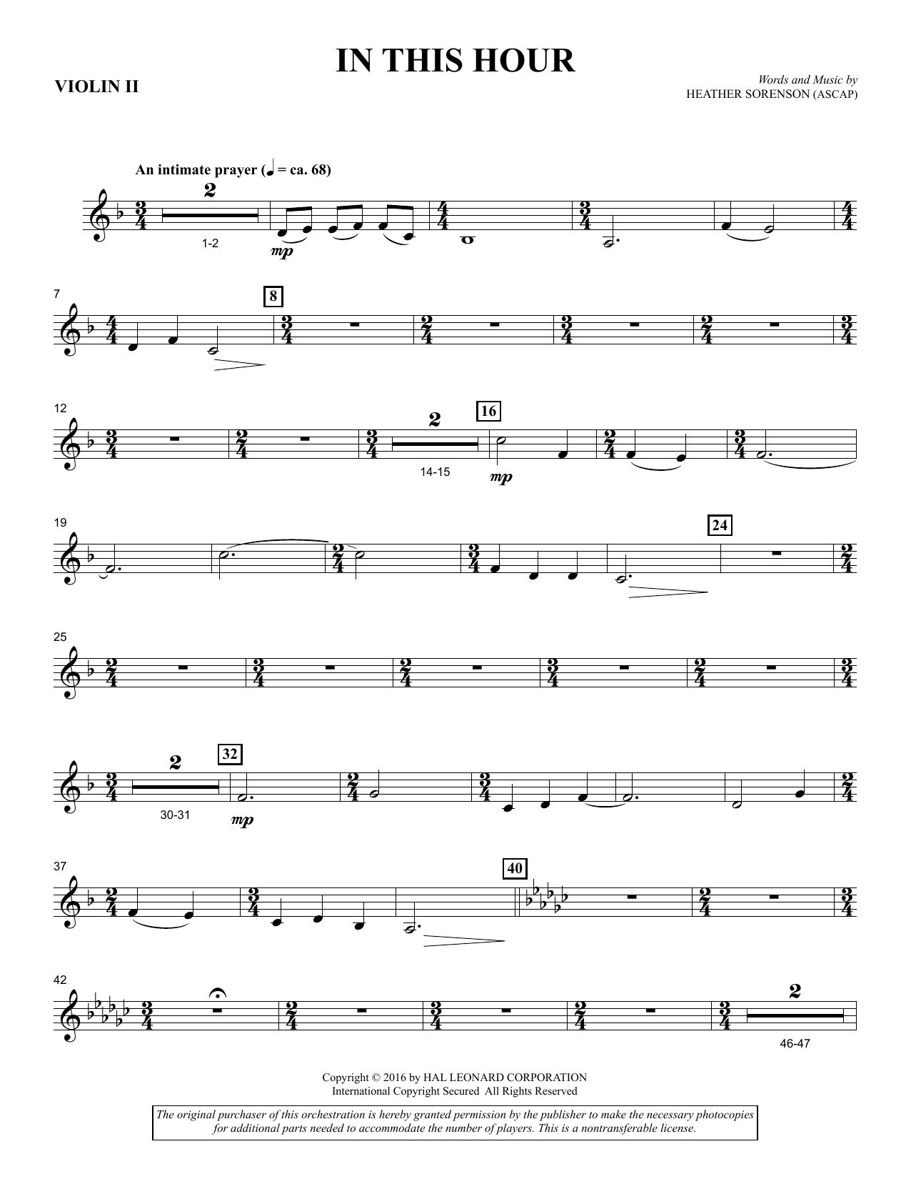 Download Heather Sorenson In This Hour - Violin 2 sheet music and printable PDF score & Sacred music notes