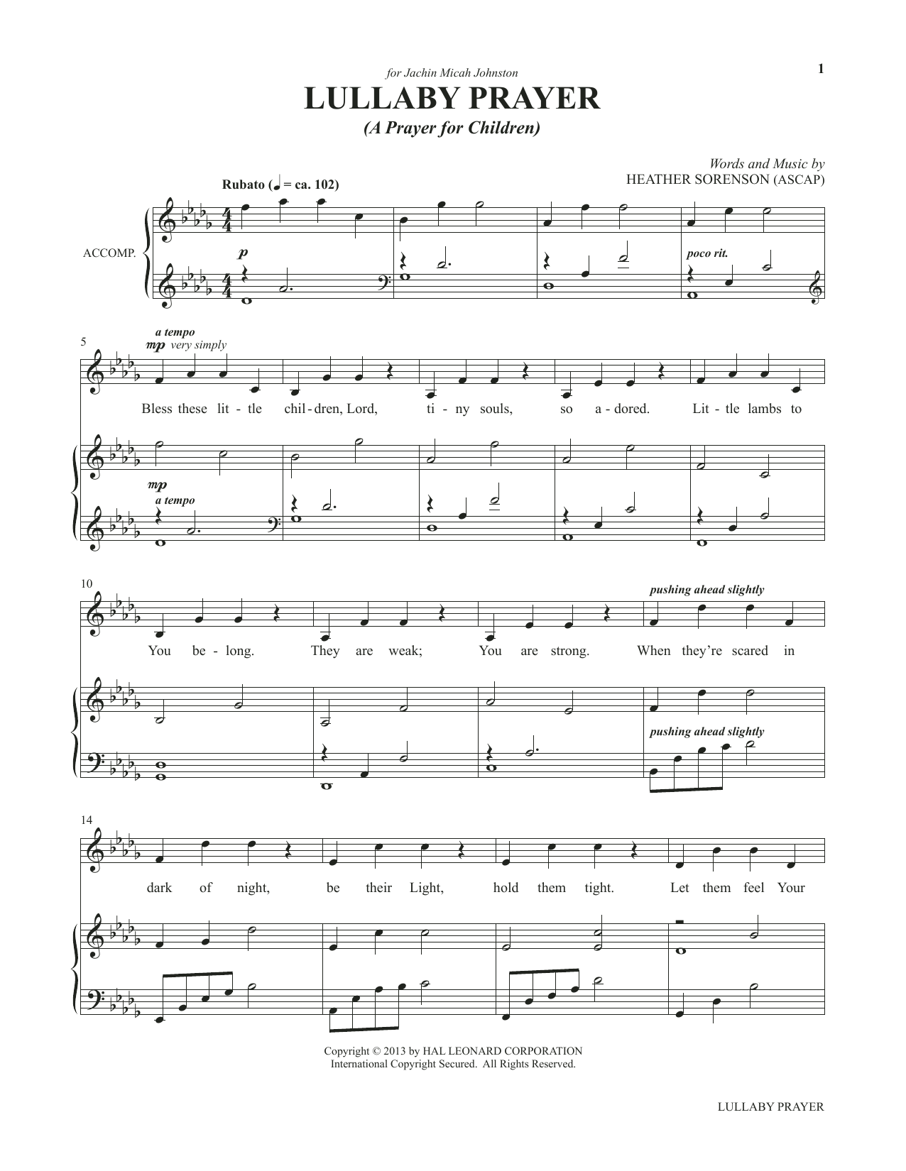 Download Heather Sorenson Lullaby Prayer (A Prayer For Children) (from My Alleluia: Vocal Solos for Worship) sheet music and printable PDF score & Sacred music notes