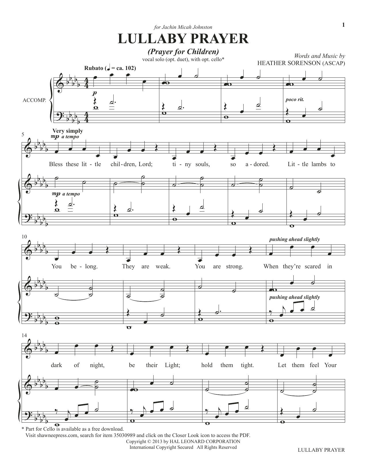 Download Heather Sorenson Lullaby Prayer (A Prayer For Children) (from The Prayer Project) sheet music and printable PDF score & Sacred music notes