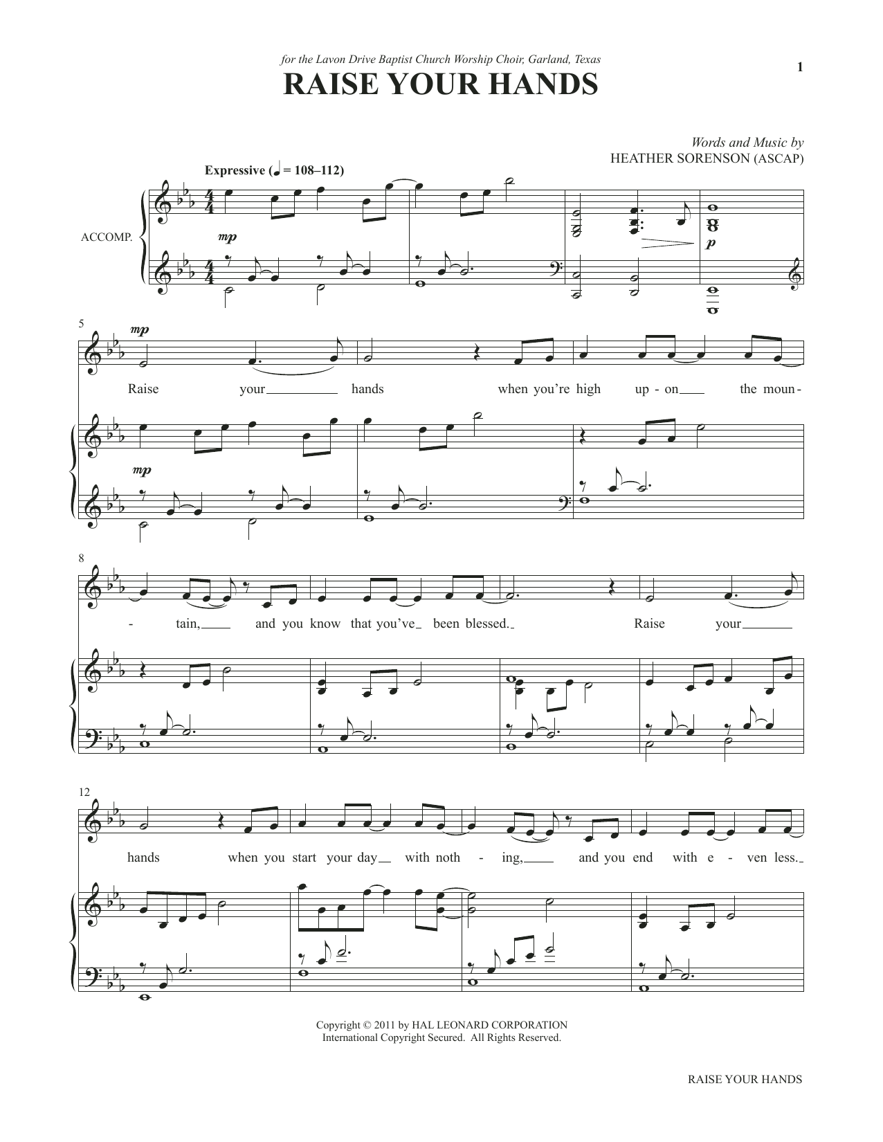 Download Heather Sorenson Raise Your Hands (from My Alleluia: Vocal Solos for Worship) sheet music and printable PDF score & Sacred music notes