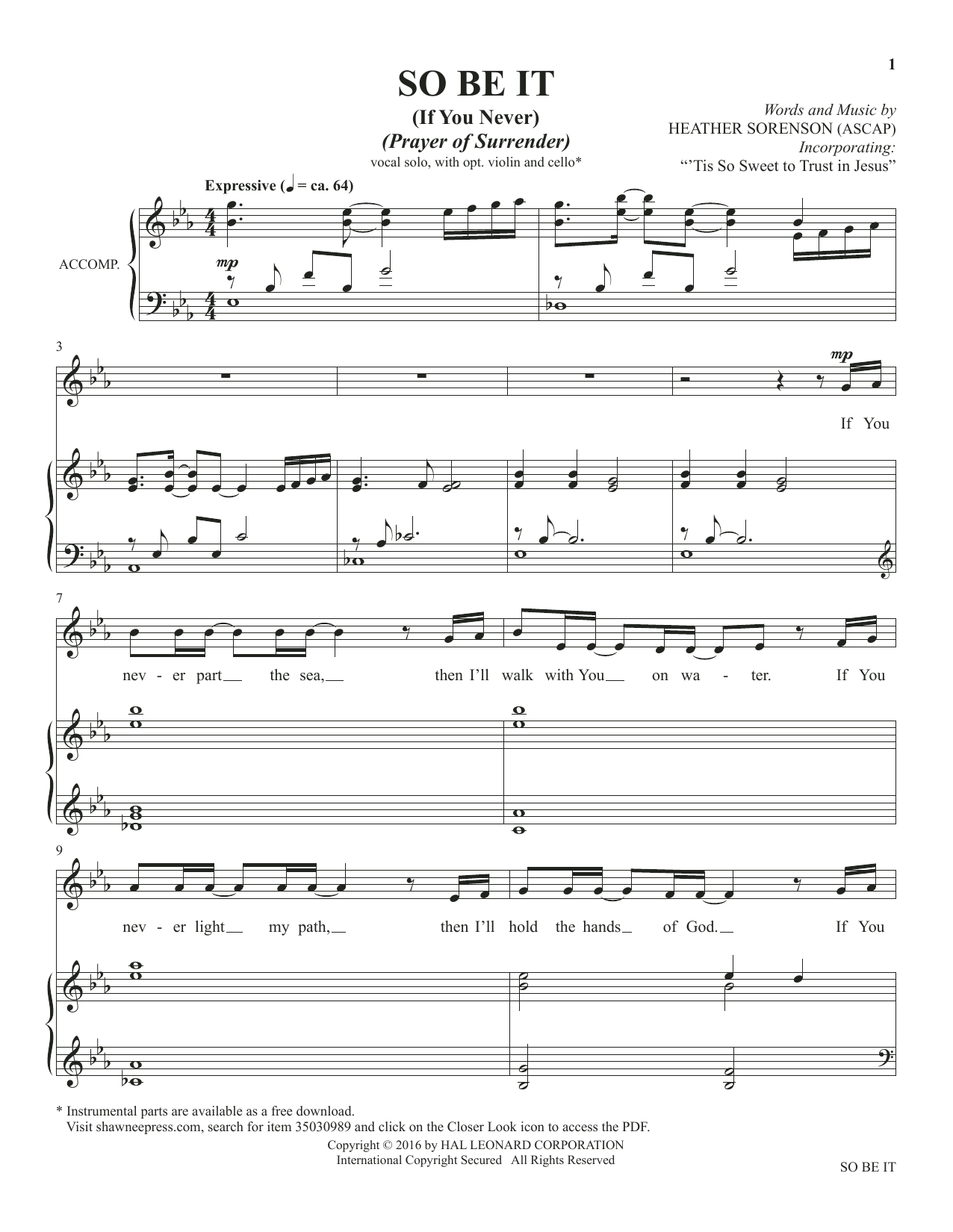 Download Heather Sorenson So Be It (If You Never) (from The Prayer Project) sheet music and printable PDF score & Sacred music notes