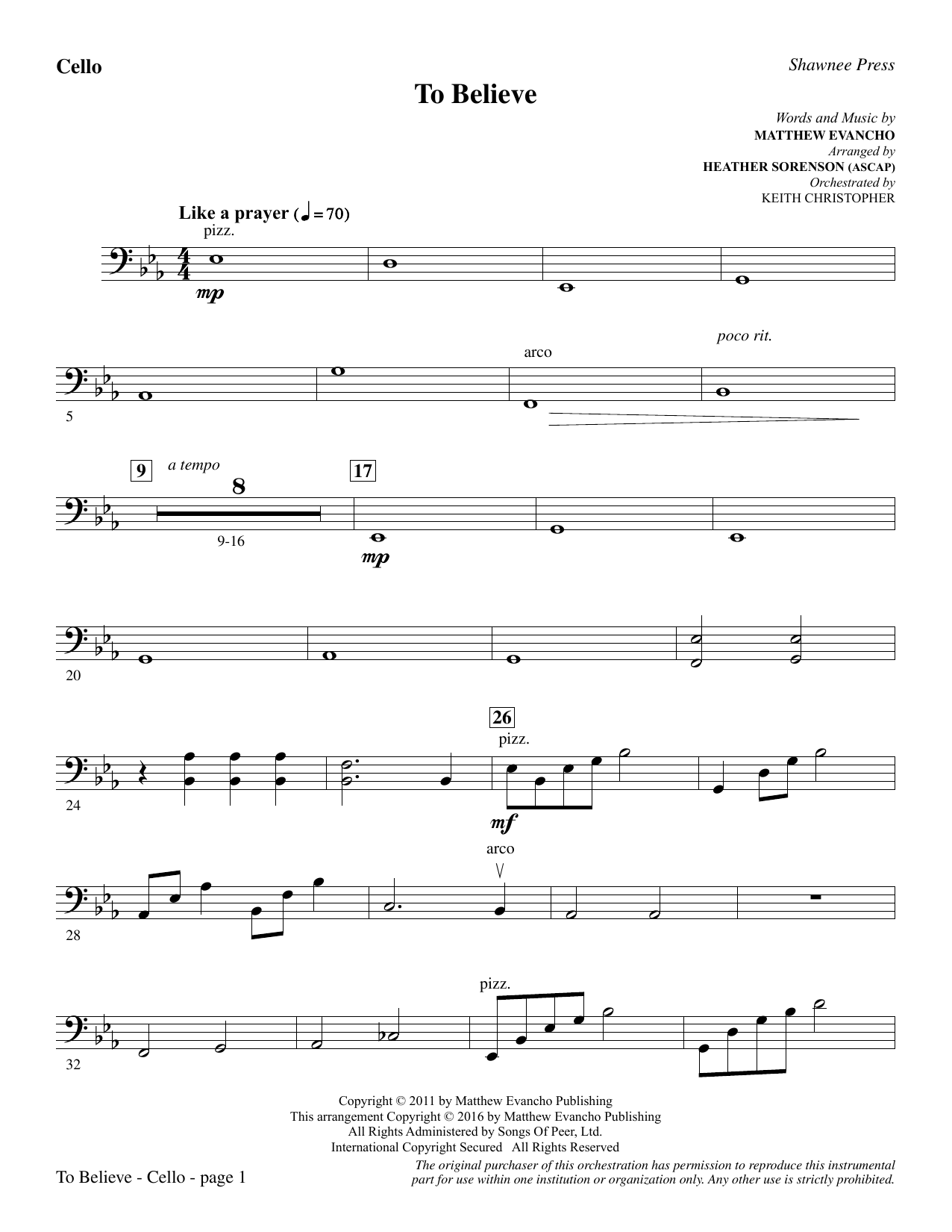 Download Heather Sorenson To Believe - Cello sheet music and printable PDF score & Inspirational music notes