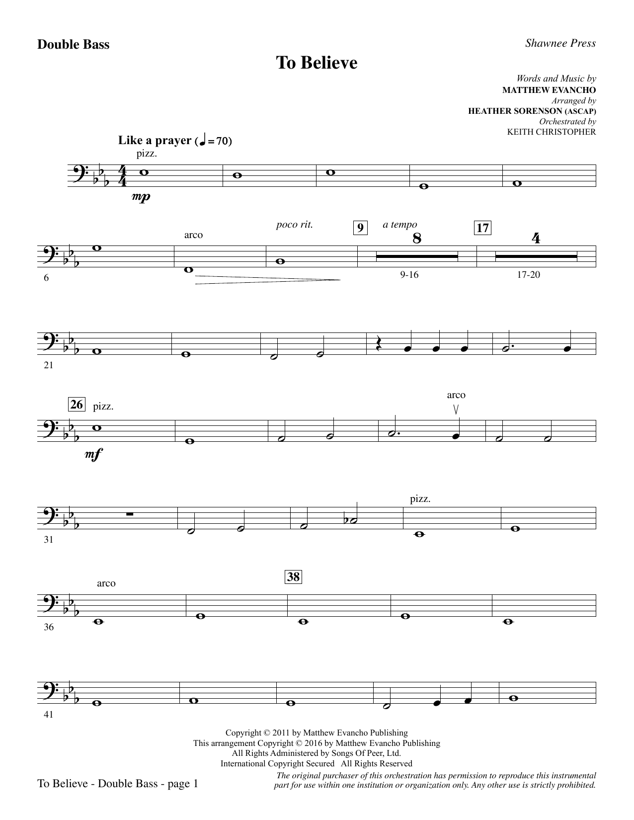 Download Heather Sorenson To Believe - Double Bass sheet music and printable PDF score & Inspirational music notes