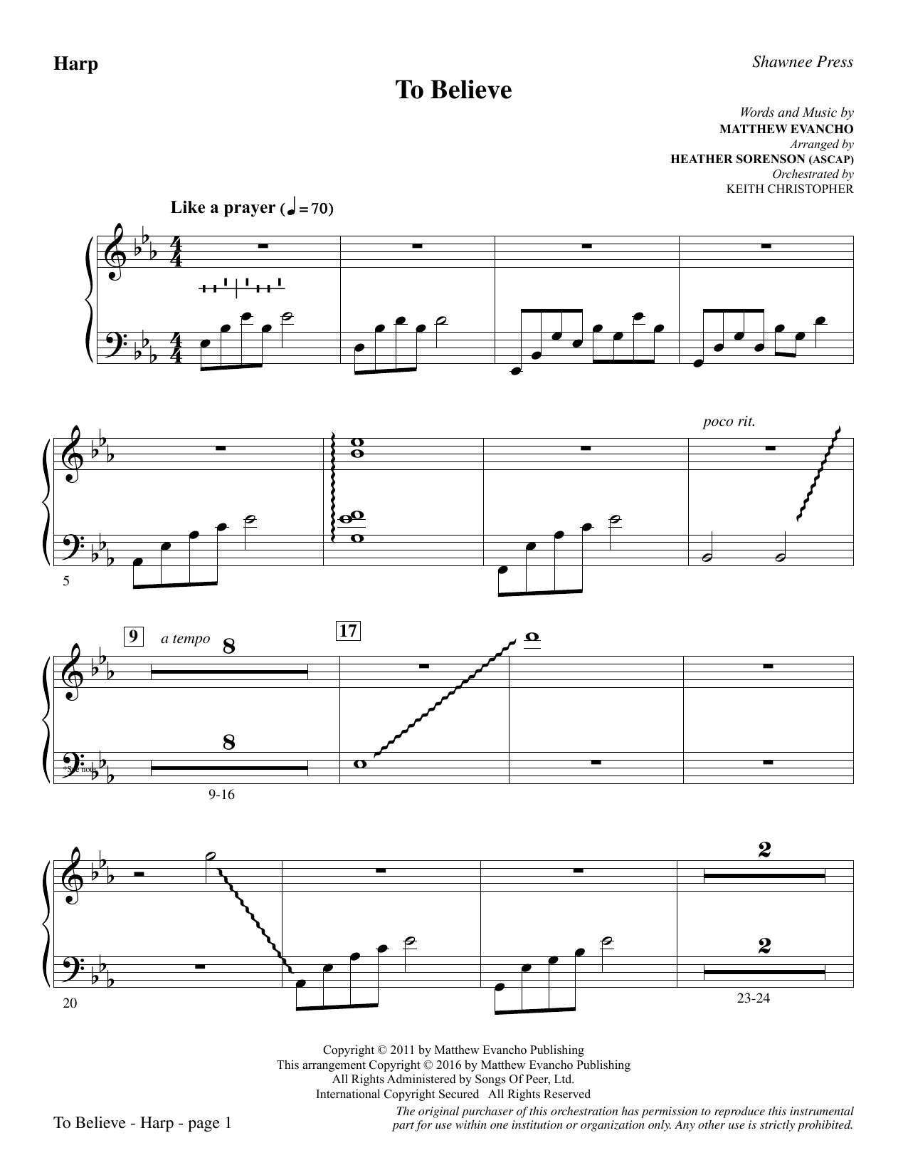Download Heather Sorenson To Believe - Harp sheet music and printable PDF score & Inspirational music notes