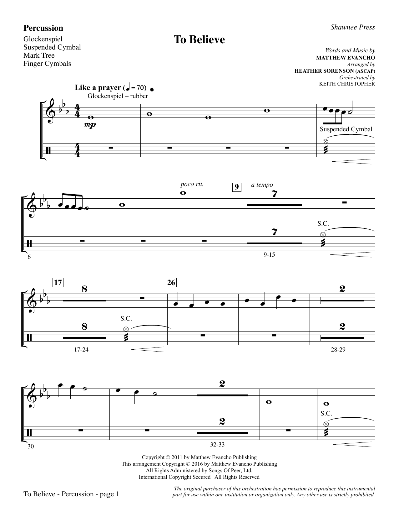 Download Heather Sorenson To Believe - Percussion sheet music and printable PDF score & Inspirational music notes