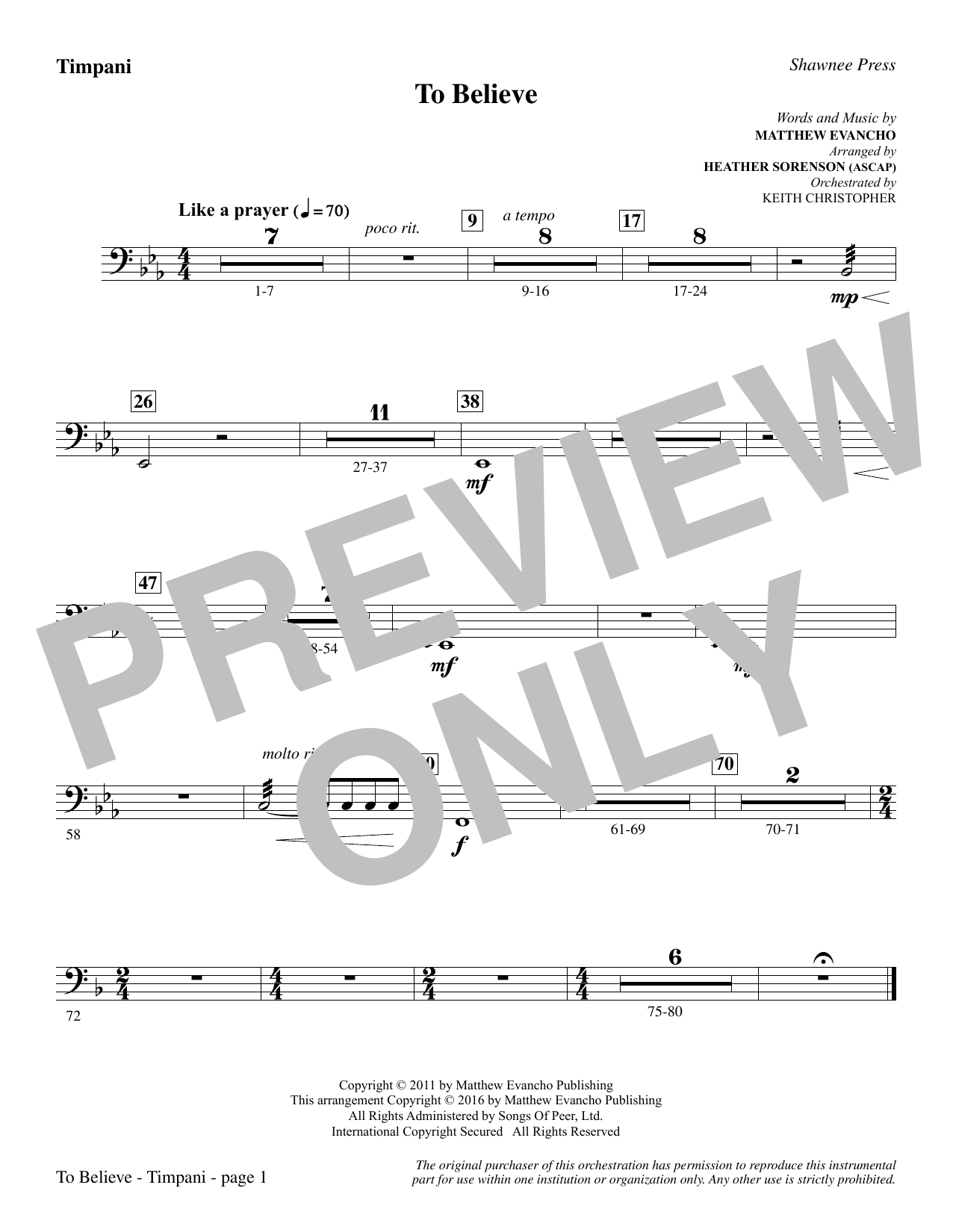 Download Heather Sorenson To Believe - Timpani sheet music and printable PDF score & Inspirational music notes