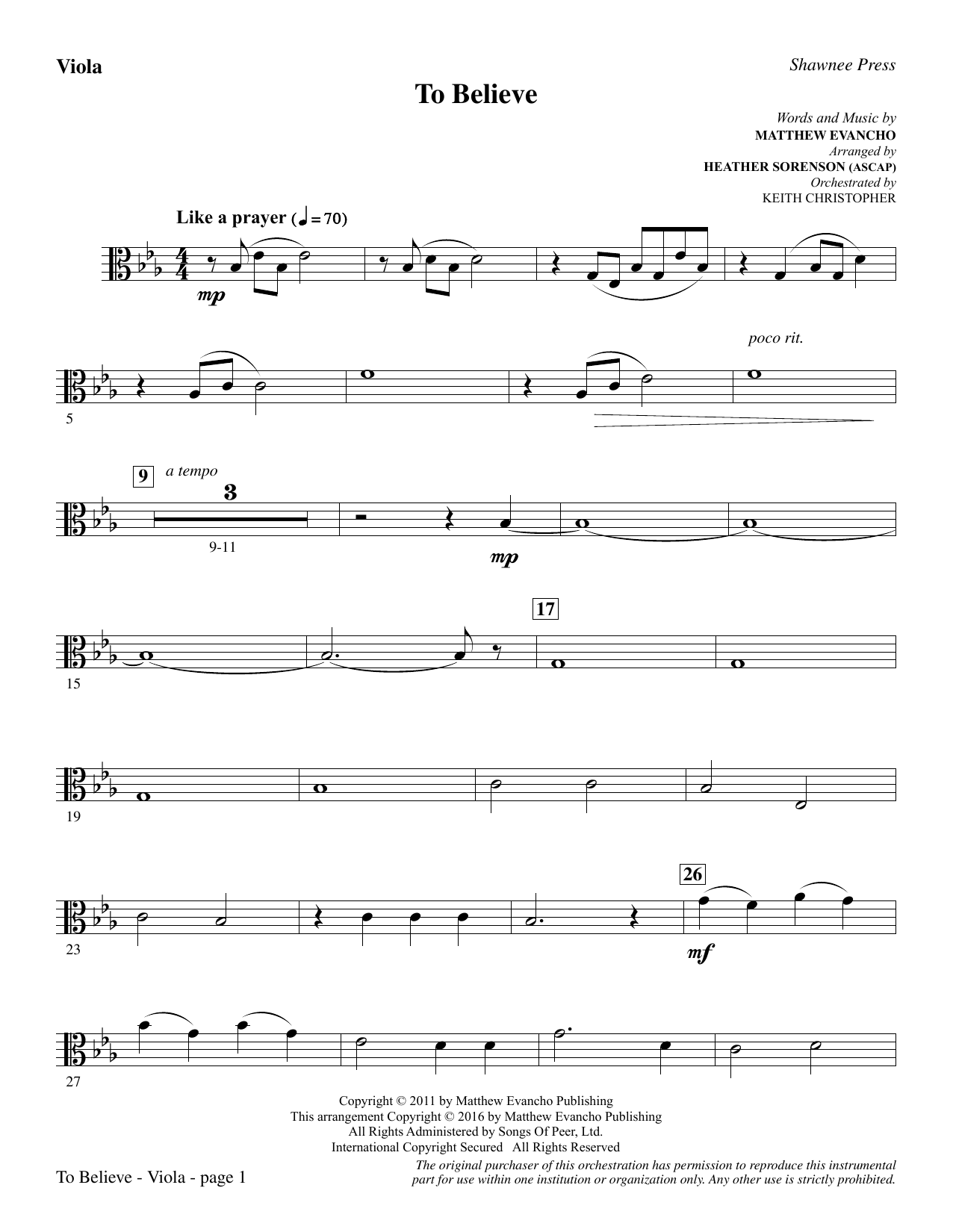 Download Heather Sorenson To Believe - Viola sheet music and printable PDF score & Inspirational music notes