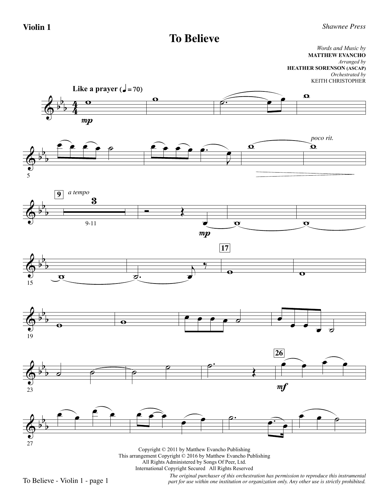 Download Heather Sorenson To Believe - Violin 1 sheet music and printable PDF score & Inspirational music notes