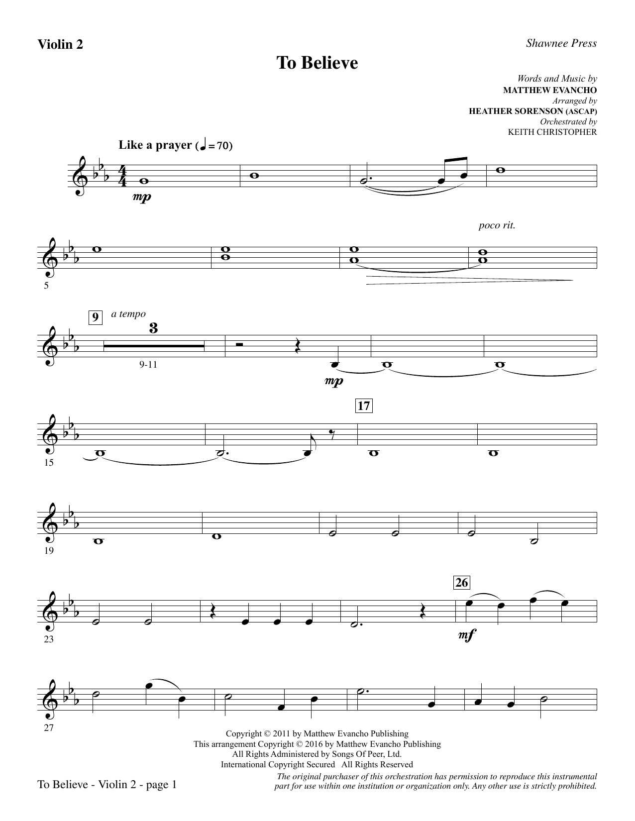 Download Heather Sorenson To Believe - Violin 2 sheet music and printable PDF score & Inspirational music notes