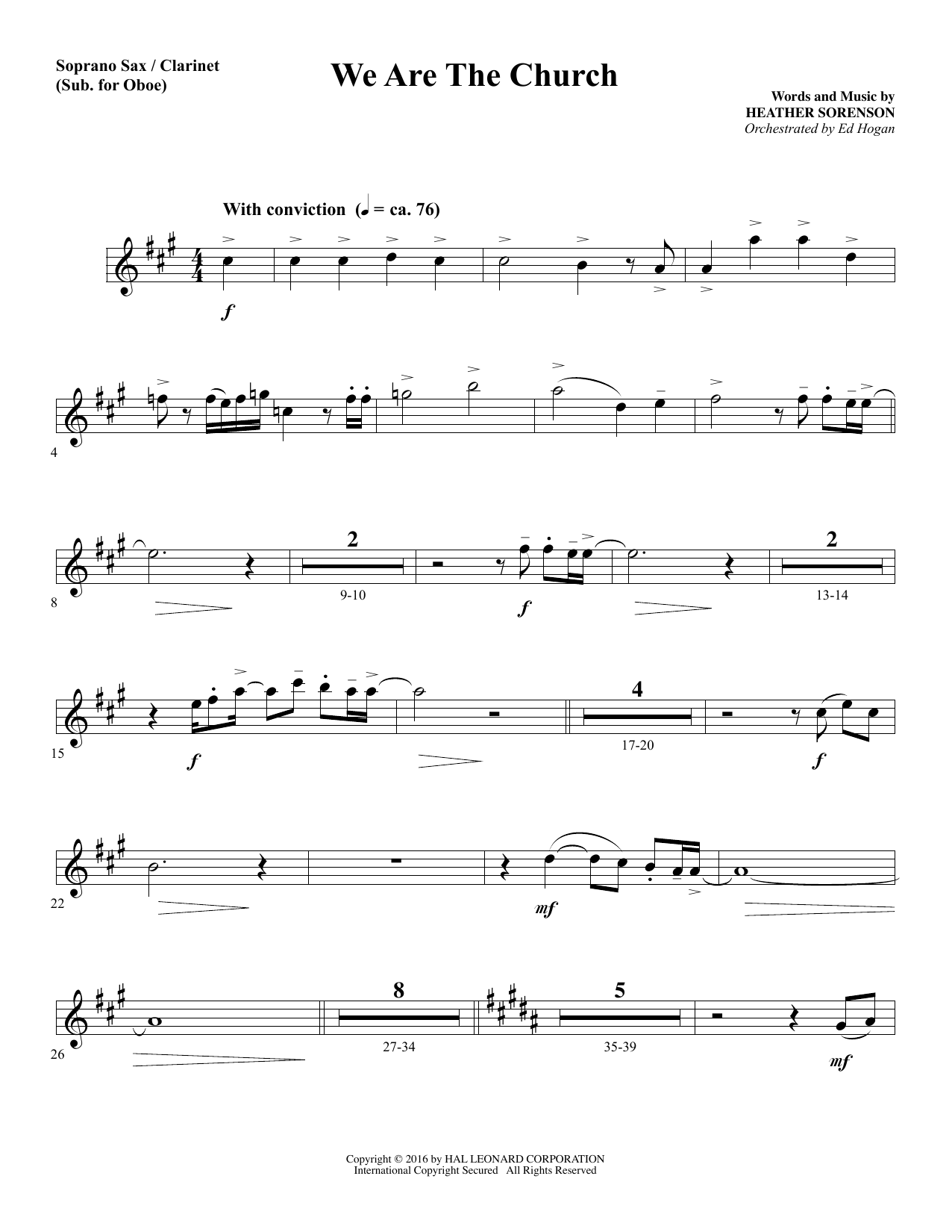 Download Heather Sorenson We Are the Church - Soprano Sax/Clarinet(sub oboe) sheet music and printable PDF score & Sacred music notes
