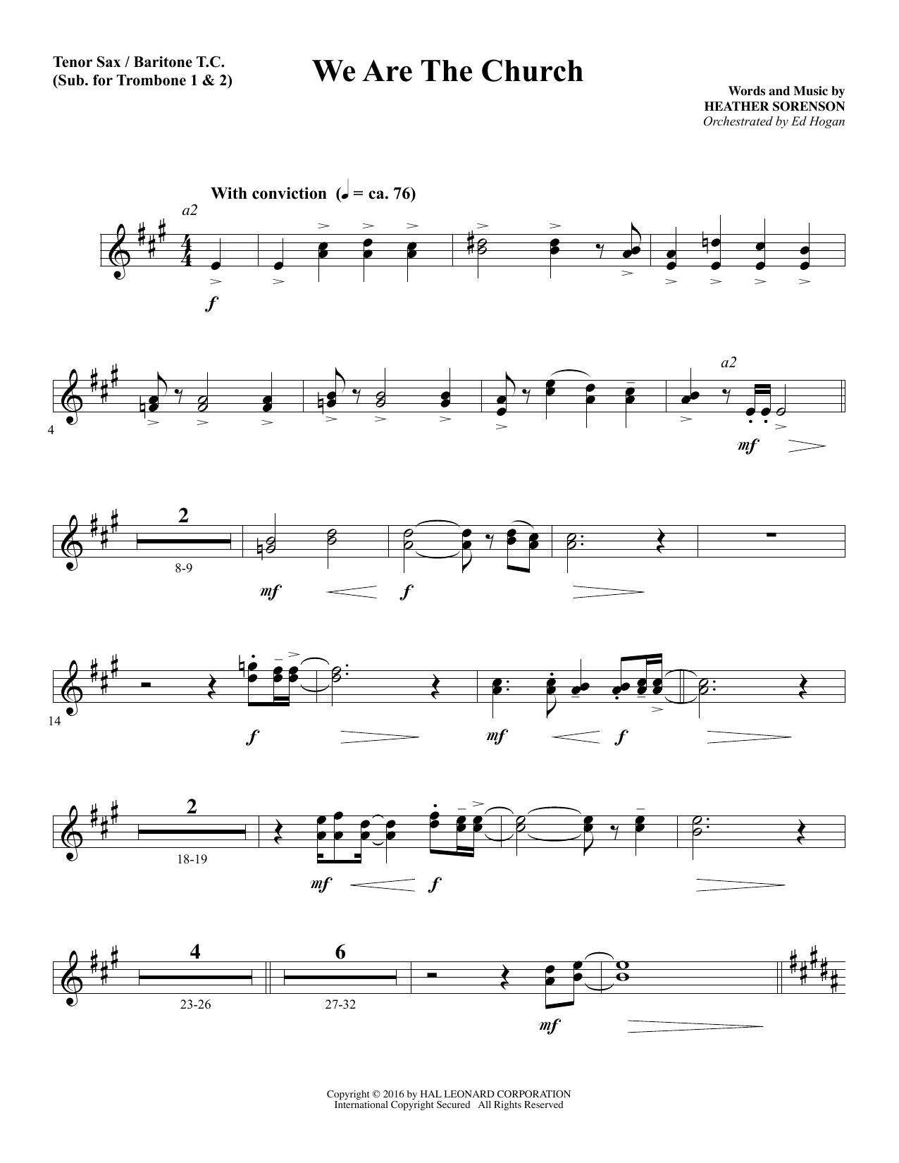 Preview Heather Sorenson We Are the Church - Tenor Sax/BariTC (sub Tbn 1-2) Sacred sheet music, notes and chords for Choir Instrumental Pak, SKU: 356136 Download Heather Sorenson We Are the Church - Tenor Sax/BariTC (sub Tbn 1-2) sheet music and printable PDF score & Sacred music notes