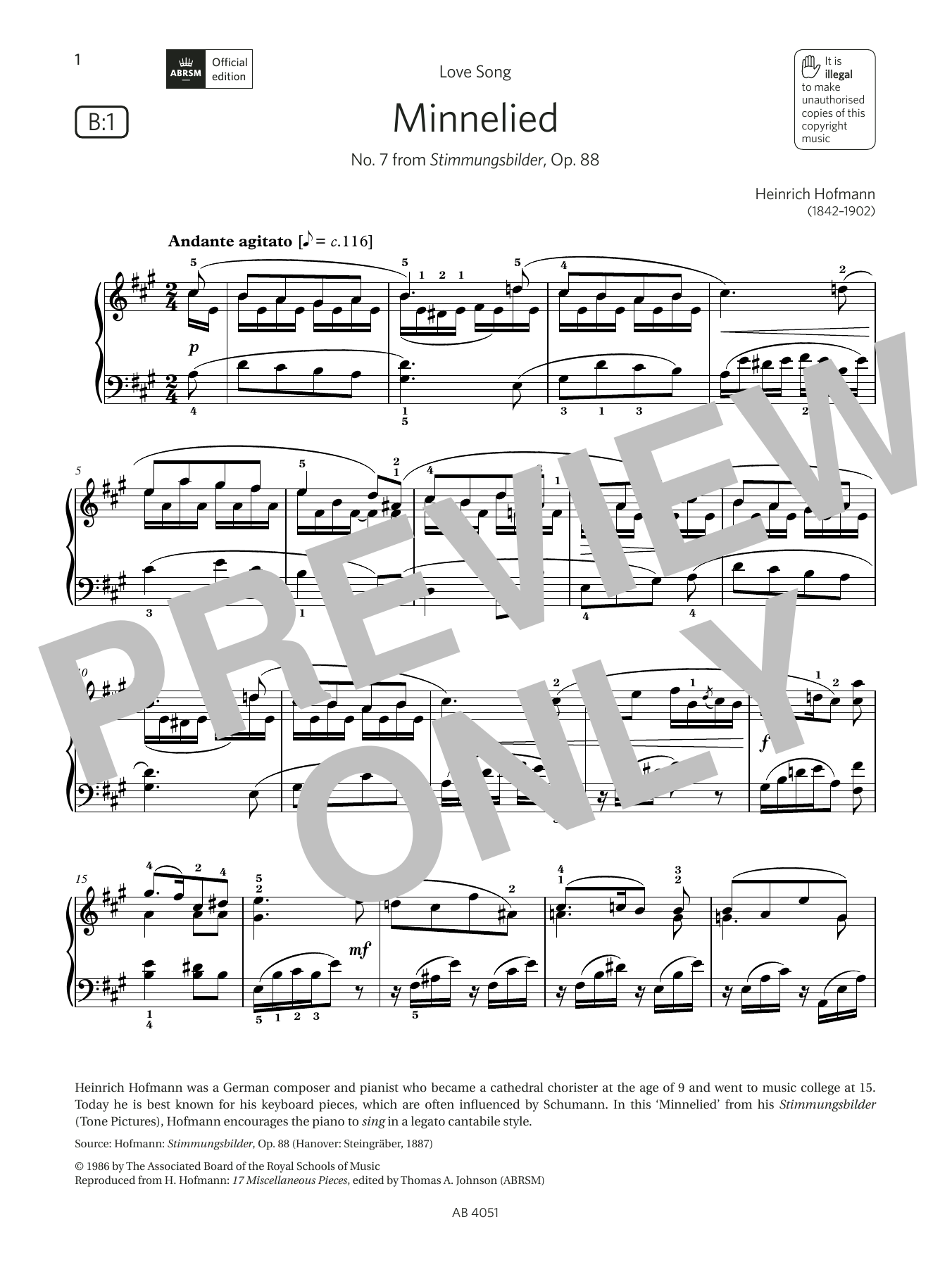 Heinrich Hofmann Minnelied (Grade 5, list B1, from the ABRSM Piano Syllabus 2023 & 2024) Sheet Music & Chords for Piano Solo - Download or Print PDF