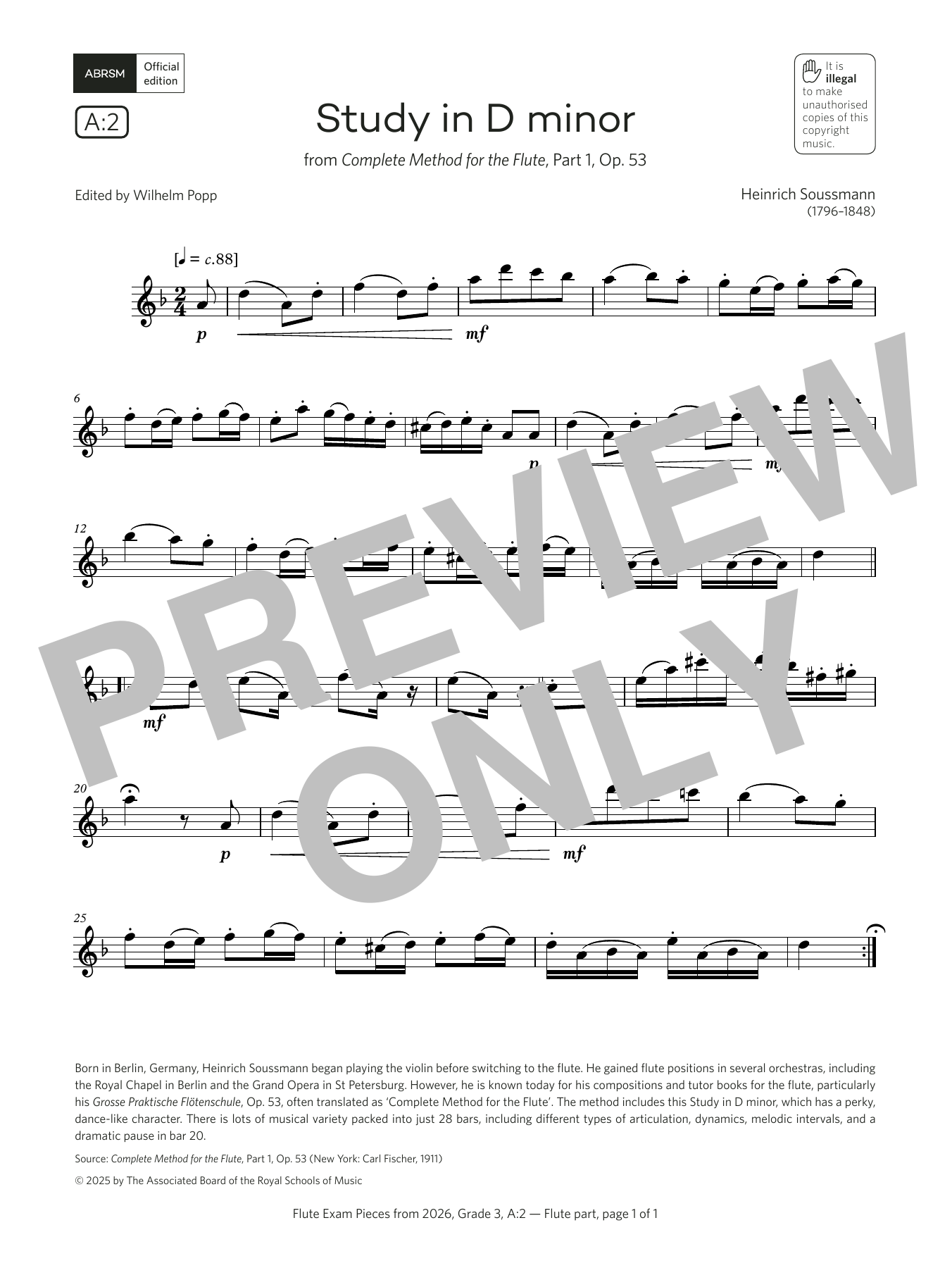 Heinrich Soussmann Study in D minor (Grade 3, list A2, from the ABRSM Flute Syllabus from 2026) Sheet Music & Chords for Flute Solo - Download or Print PDF
