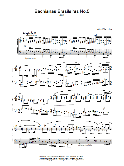 Preview Heitor Villa-Lobos Bachianas Brasileiras No.5 Classical sheet music, notes and chords for Piano, SKU: 31830 Download Heitor Villa-Lobos Bachianas Brasileiras No.5 sheet music and printable PDF score & Classical music notes