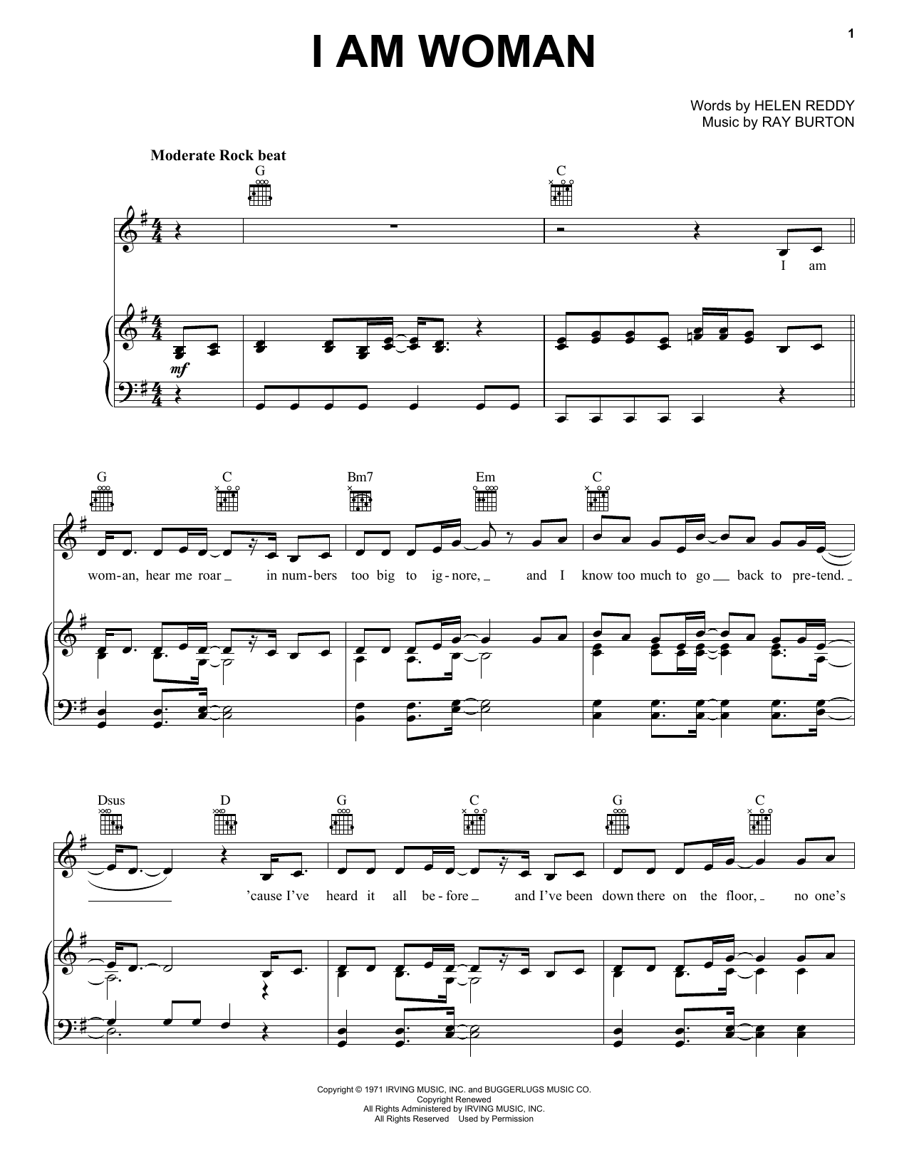 Preview Helen Reddy I Am Woman Rock sheet music, notes and chords for Piano, Vocal & Guitar (Right-Hand Melody), SKU: 18027 sheet music, piano notes, chords, guitar tabs, score, transpose, transcribe, how to play, guide, download, learn, tutorial, progression, song, artist, awards, billboard, mtv, vh1, tour, single, album, release