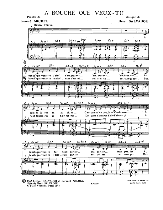 Preview Henri Salvador A Bouche Que Veux-Tu Pop sheet music, notes and chords for Piano & Vocal, SKU: 114870 sheet music, piano notes, chords, guitar tabs, score, transpose, transcribe, how to play, guide, download, learn, tutorial, progression, song, artist, awards, billboard, mtv, vh1, tour, single, album, release