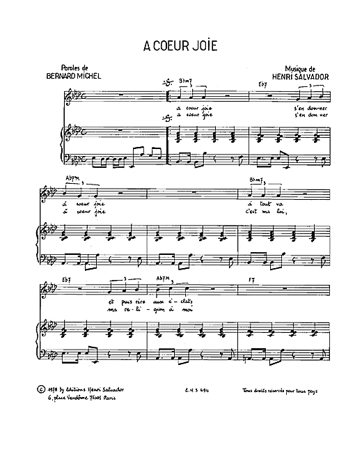 Preview Henri Salvador A Coeur Joie Pop sheet music, notes and chords for Piano & Vocal, SKU: 114869 sheet music, piano notes, chords, guitar tabs, score, transpose, transcribe, how to play, guide, download, learn, tutorial, progression, song, artist, awards, billboard, mtv, vh1, tour, single, album, release