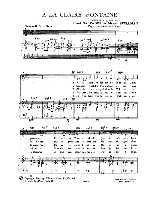 Preview Henri Salvador A La Claire Fontaine Pop sheet music, notes and chords for Piano & Vocal, SKU: 114871 sheet music, piano notes, chords, guitar tabs, score, transpose, transcribe, how to play, guide, download, learn, tutorial, progression, song, artist, awards, billboard, mtv, vh1, tour, single, album, release