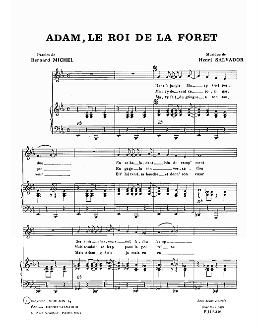 Preview Henri Salvador Adam Roi De La Foret Pop sheet music, notes and chords for Piano & Vocal, SKU: 114873 sheet music, piano notes, chords, guitar tabs, score, transpose, transcribe, how to play, guide, download, learn, tutorial, progression, song, artist, awards, billboard, mtv, vh1, tour, single, album, release