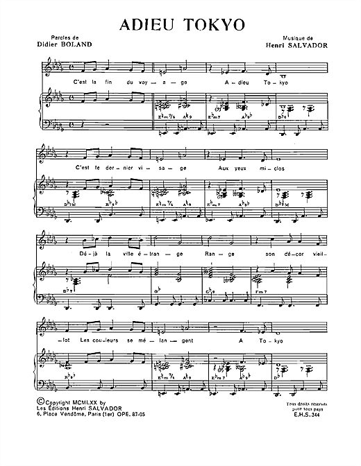 Preview Henri Salvador Adieu Tokio Pop sheet music, notes and chords for Piano & Vocal, SKU: 114875 sheet music, piano notes, chords, guitar tabs, score, transpose, transcribe, how to play, guide, download, learn, tutorial, progression, song, artist, awards, billboard, mtv, vh1, tour, single, album, release