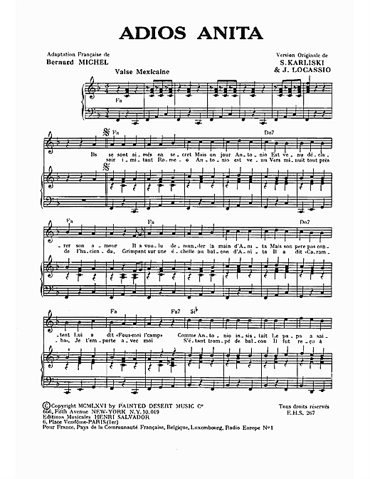 Preview Henri Salvador Adios Anita Pop sheet music, notes and chords for Piano & Vocal, SKU: 114876 sheet music, piano notes, chords, guitar tabs, score, transpose, transcribe, how to play, guide, download, learn, tutorial, progression, song, artist, awards, billboard, mtv, vh1, tour, single, album, release