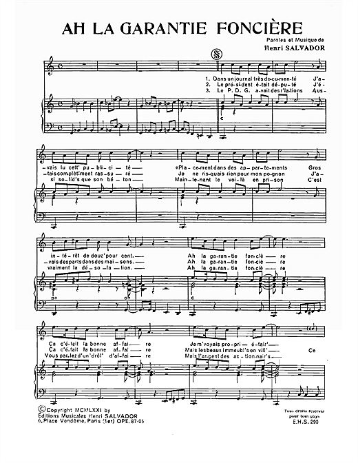 Preview Henri Salvador Ah! La Garantie Fonciere Pop sheet music, notes and chords for Piano & Vocal, SKU: 114877 sheet music, piano notes, chords, guitar tabs, score, transpose, transcribe, how to play, guide, download, learn, tutorial, progression, song, artist, awards, billboard, mtv, vh1, tour, single, album, release