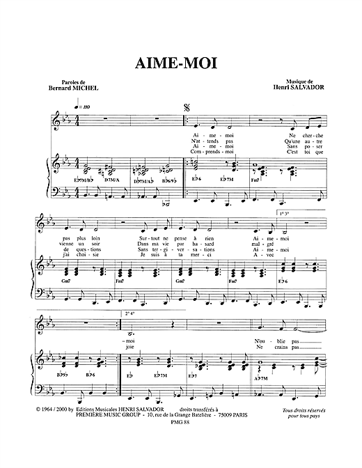 Preview Henri Salvador Aime-Moi Pop sheet music, notes and chords for Piano & Vocal, SKU: 114940 sheet music, piano notes, chords, guitar tabs, score, transpose, transcribe, how to play, guide, download, learn, tutorial, progression, song, artist, awards, billboard, mtv, vh1, tour, single, album, release