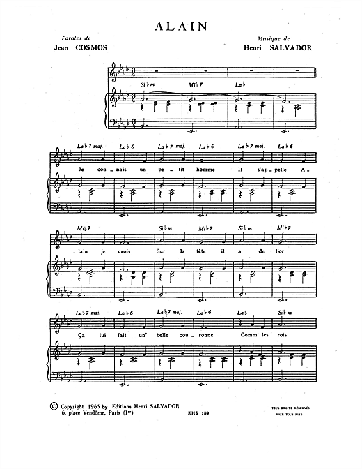 Preview Henri Salvador Alain Pop sheet music, notes and chords for Piano & Vocal, SKU: 114941 sheet music, piano notes, chords, guitar tabs, score, transpose, transcribe, how to play, guide, download, learn, tutorial, progression, song, artist, awards, billboard, mtv, vh1, tour, single, album, release