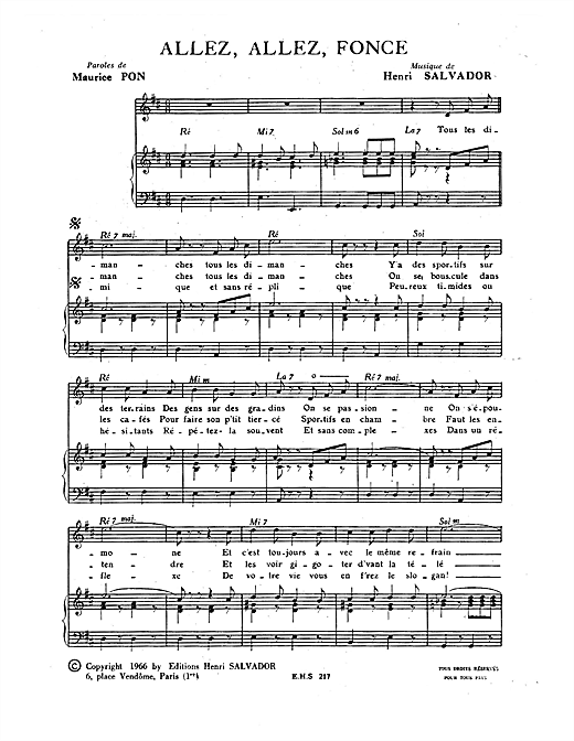 Preview Henri Salvador Allez Allez Fonce Pop sheet music, notes and chords for Piano & Vocal, SKU: 114942 sheet music, piano notes, chords, guitar tabs, score, transpose, transcribe, how to play, guide, download, learn, tutorial, progression, song, artist, awards, billboard, mtv, vh1, tour, single, album, release