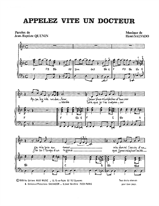 Preview Henri Salvador Appelez Vite Un Docteur Pop sheet music, notes and chords for Piano & Vocal, SKU: 114943 sheet music, piano notes, chords, guitar tabs, score, transpose, transcribe, how to play, guide, download, learn, tutorial, progression, song, artist, awards, billboard, mtv, vh1, tour, single, album, release