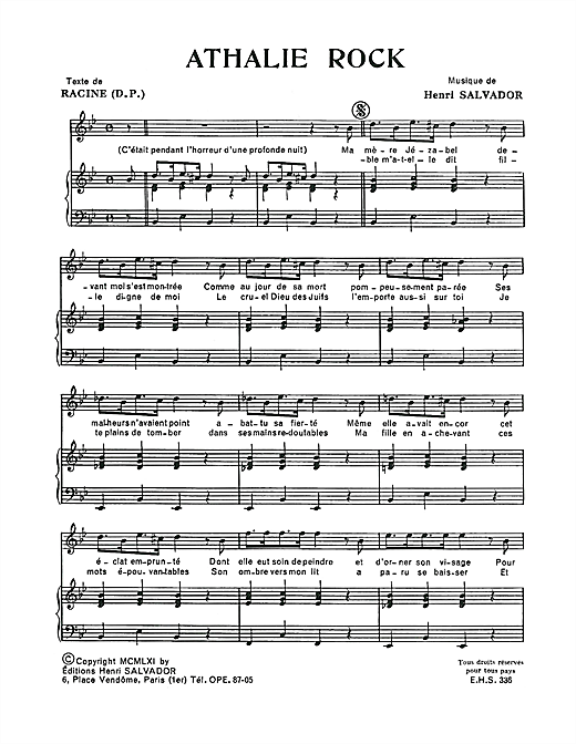 Preview Henri Salvador Athalie Rock Pop sheet music, notes and chords for Piano & Vocal, SKU: 114945 sheet music, piano notes, chords, guitar tabs, score, transpose, transcribe, how to play, guide, download, learn, tutorial, progression, song, artist, awards, billboard, mtv, vh1, tour, single, album, release