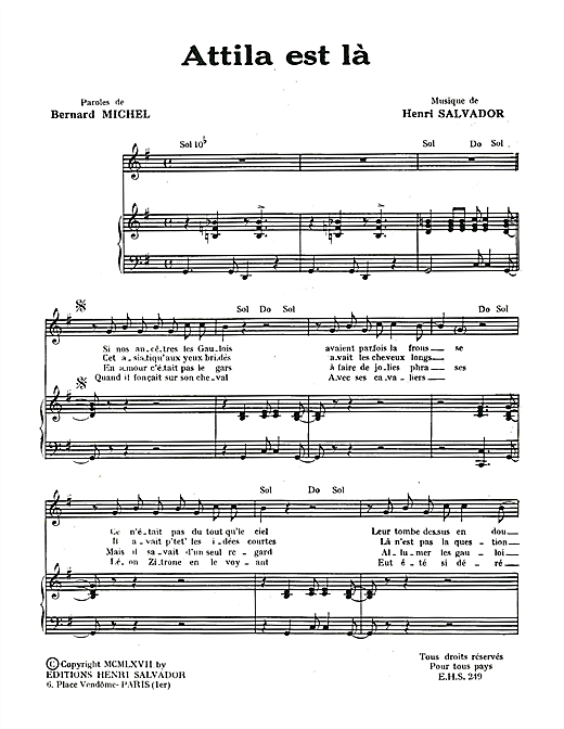 Preview Henri Salvador Attila Est La Pop sheet music, notes and chords for Piano & Vocal, SKU: 114947 sheet music, piano notes, chords, guitar tabs, score, transpose, transcribe, how to play, guide, download, learn, tutorial, progression, song, artist, awards, billboard, mtv, vh1, tour, single, album, release