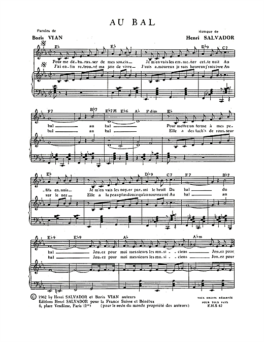Preview Henri Salvador Au Bal Pop sheet music, notes and chords for Piano & Vocal, SKU: 114948 sheet music, piano notes, chords, guitar tabs, score, transpose, transcribe, how to play, guide, download, learn, tutorial, progression, song, artist, awards, billboard, mtv, vh1, tour, single, album, release