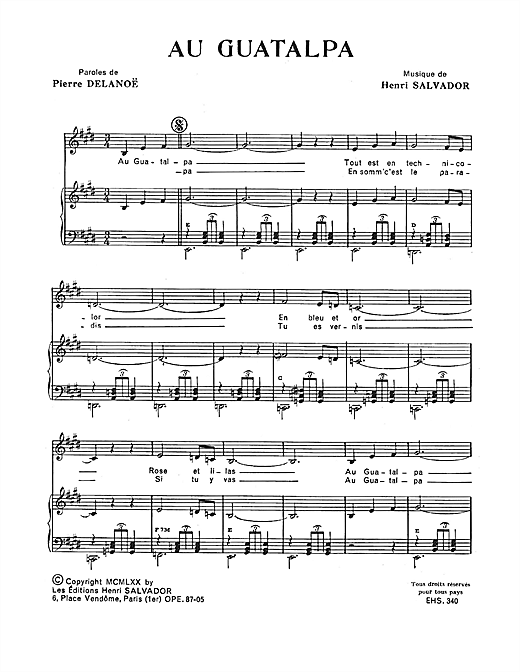 Preview Henri Salvador Au Gatalpa Pop sheet music, notes and chords for Piano & Vocal, SKU: 114949 sheet music, piano notes, chords, guitar tabs, score, transpose, transcribe, how to play, guide, download, learn, tutorial, progression, song, artist, awards, billboard, mtv, vh1, tour, single, album, release