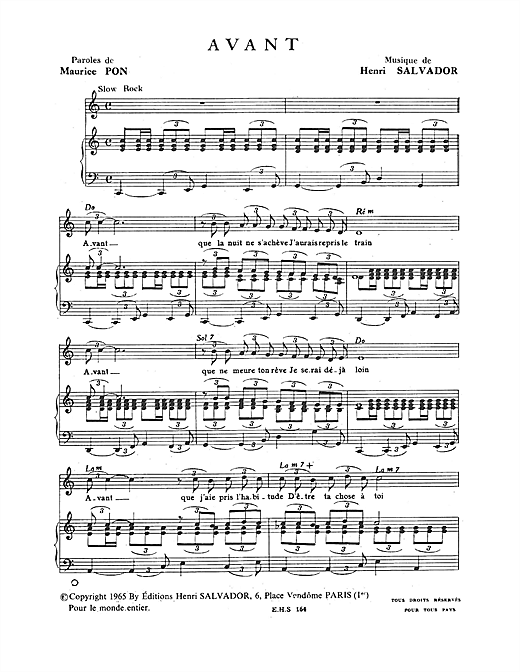 Preview Henri Salvador Avant Pop sheet music, notes and chords for Piano & Vocal, SKU: 114950 sheet music, piano notes, chords, guitar tabs, score, transpose, transcribe, how to play, guide, download, learn, tutorial, progression, song, artist, awards, billboard, mtv, vh1, tour, single, album, release