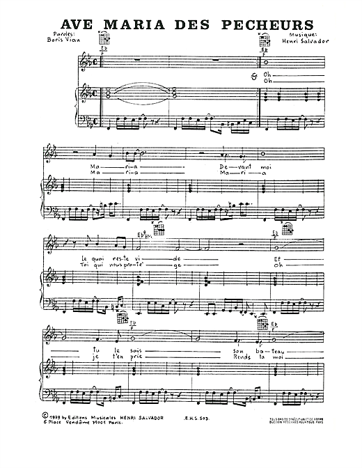 Preview Henri Salvador Ave Maria Des Pecheurs Pop sheet music, notes and chords for Piano, Vocal & Guitar, SKU: 114804 sheet music, piano notes, chords, guitar tabs, score, transpose, transcribe, how to play, guide, download, learn, tutorial, progression, song, artist, awards, billboard, mtv, vh1, tour, single, album, release