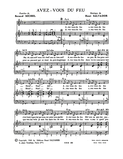 Preview Henri Salvador Avez Vous Du Feu Pop sheet music, notes and chords for Piano & Vocal, SKU: 114951 sheet music, piano notes, chords, guitar tabs, score, transpose, transcribe, how to play, guide, download, learn, tutorial, progression, song, artist, awards, billboard, mtv, vh1, tour, single, album, release