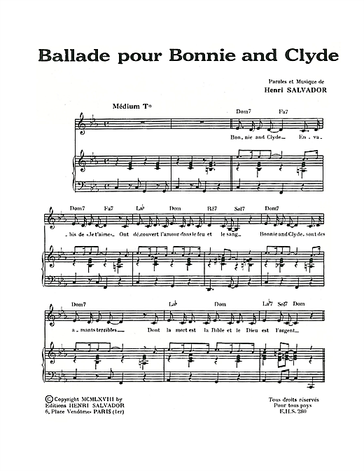 Preview Henri Salvador Ballade Pour Bonnie And Clyde Pop sheet music, notes and chords for Piano & Vocal, SKU: 114958 sheet music, piano notes, chords, guitar tabs, score, transpose, transcribe, how to play, guide, download, learn, tutorial, progression, song, artist, awards, billboard, mtv, vh1, tour, single, album, release