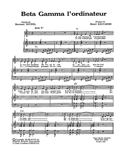 Preview Henri Salvador Beta Gamma L'Ordinateur Pop sheet music, notes and chords for Piano & Vocal, SKU: 114953 sheet music, piano notes, chords, guitar tabs, score, transpose, transcribe, how to play, guide, download, learn, tutorial, progression, song, artist, awards, billboard, mtv, vh1, tour, single, album, release