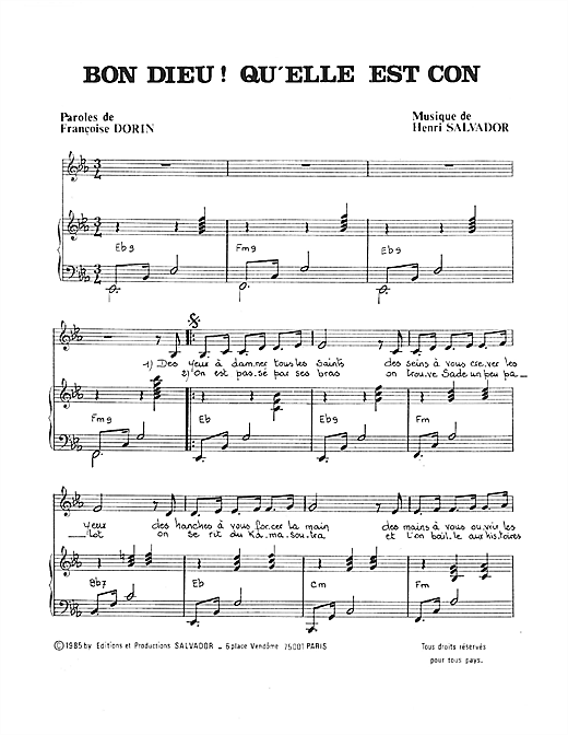 Preview Henri Salvador Bon Dieu! Qu'elle Est Con Pop sheet music, notes and chords for Piano & Vocal, SKU: 114956 sheet music, piano notes, chords, guitar tabs, score, transpose, transcribe, how to play, guide, download, learn, tutorial, progression, song, artist, awards, billboard, mtv, vh1, tour, single, album, release